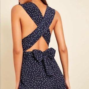 Plunge Neck Crisscross Tie Back Polka Dot Jumpsuit
